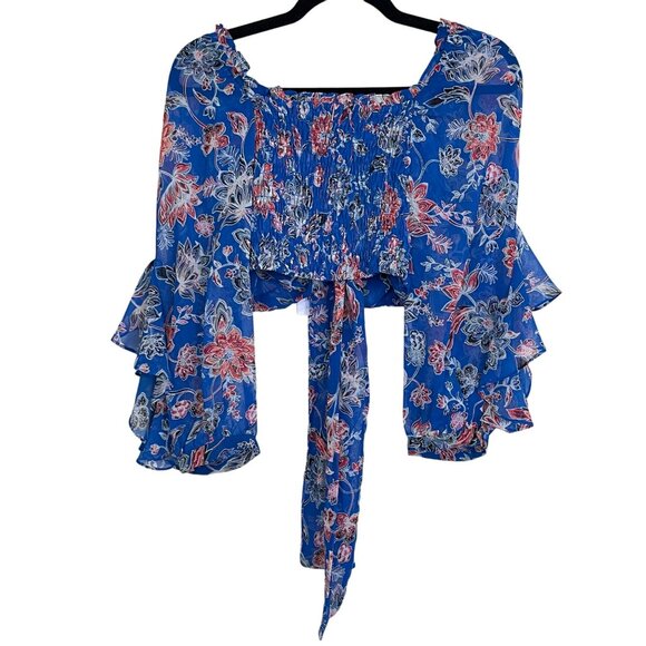MISA Ancora Floral Tie Crop Top Blouse Blue NWT Size Small - Picture 7 of 8